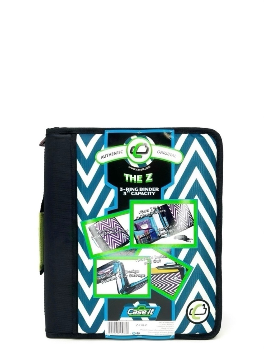 Case-It “The Z” Dual Three Ring Zip Binder Blue & White Chevron Handle Strap NWT
